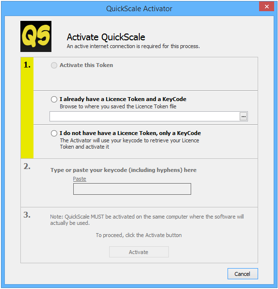 The QuickScale Activator dialog