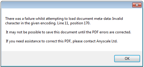 Invalid character error dialog